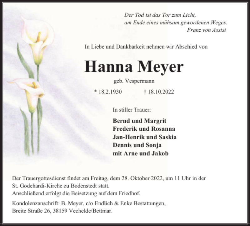 Traueranzeigen Von Hanna Meyer Trauer De