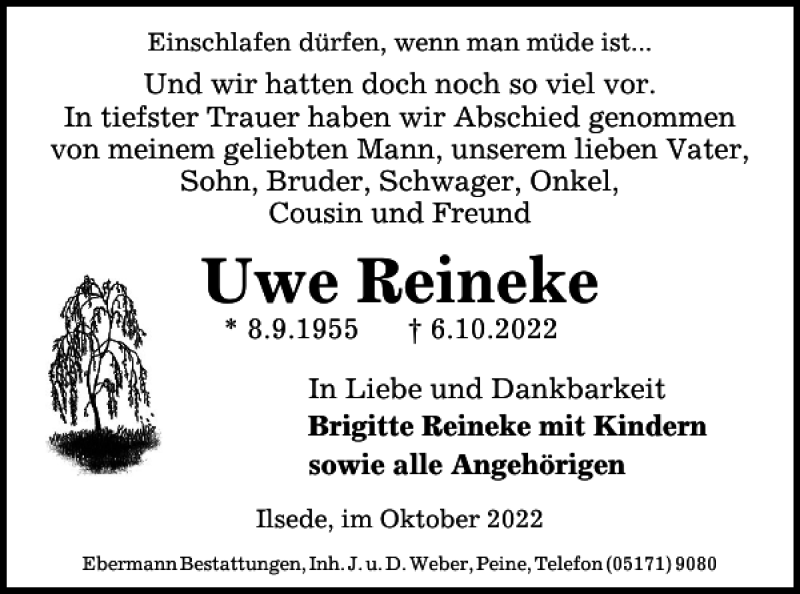 Traueranzeigen Von Uwe Reineke Trauer De