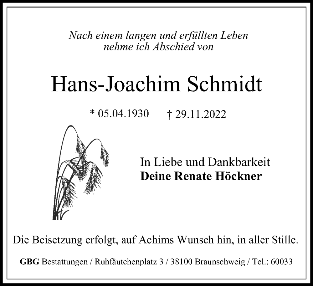 Traueranzeigen Von Hans Joachim Schmidt Trauer De