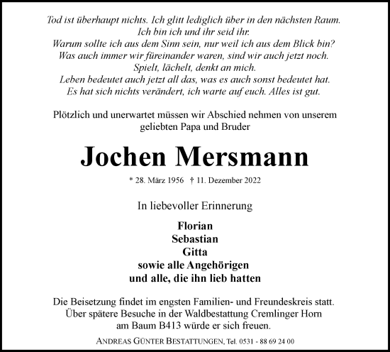 Traueranzeigen Von Jochen Mersmann Trauer38 De