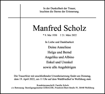 Traueranzeigen Von Manfred Scholz Trauer De