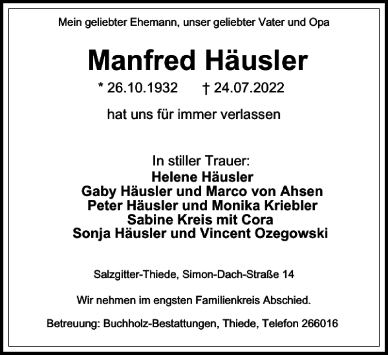 Traueranzeigen Von Manfred H Usler Trauer De