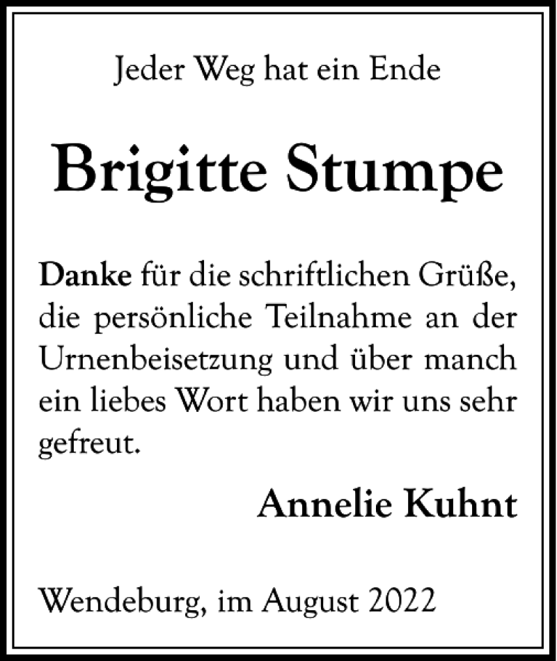 Traueranzeigen Von Brigitte Stumpe Trauer38 De