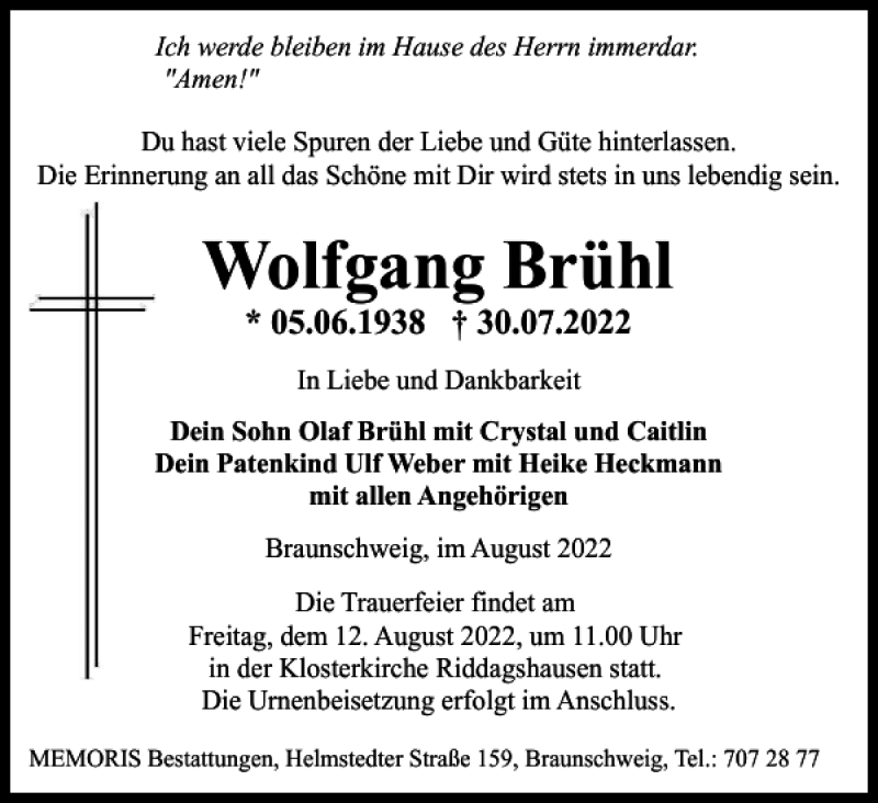 Traueranzeigen von Wolfgang Brühl trauer38 de