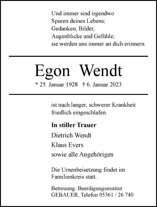 Traueranzeigen Von Egon Wendt Trauer De