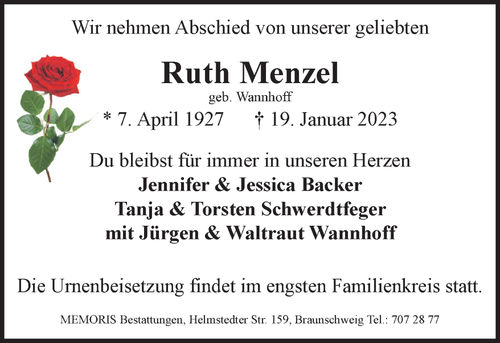 Traueranzeigen Von Ruth Menzel Trauer38 De