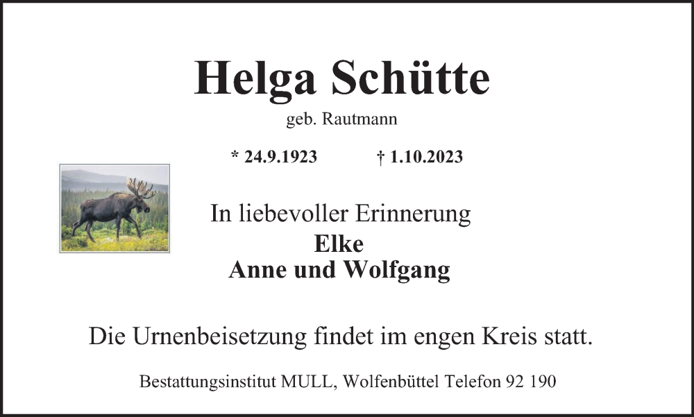 Traueranzeigen von Helga Schütte trauer38 de