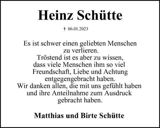 Traueranzeigen von Heinz Schütte trauer38 de