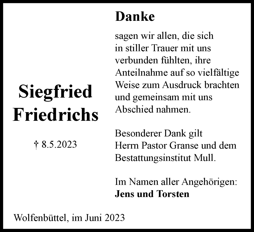 Traueranzeigen Von Siegfried Friedrichs Trauer38 De