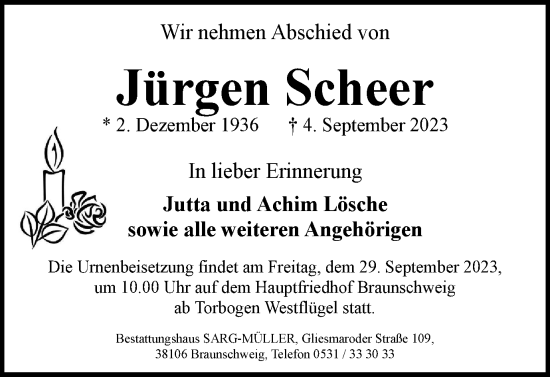 Traueranzeigen Von J Rgen Scheer Trauer De