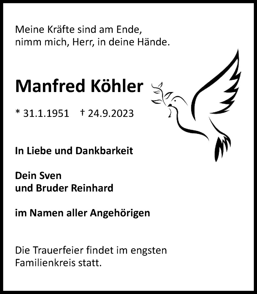 Traueranzeigen Von Manfred K Hler Trauer De