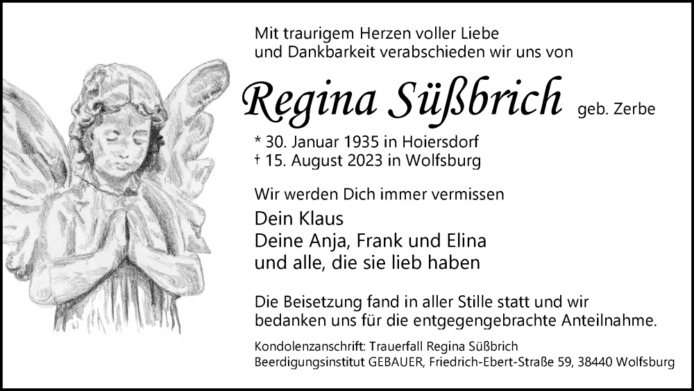 Traueranzeigen Von Regina S Brich Trauer De