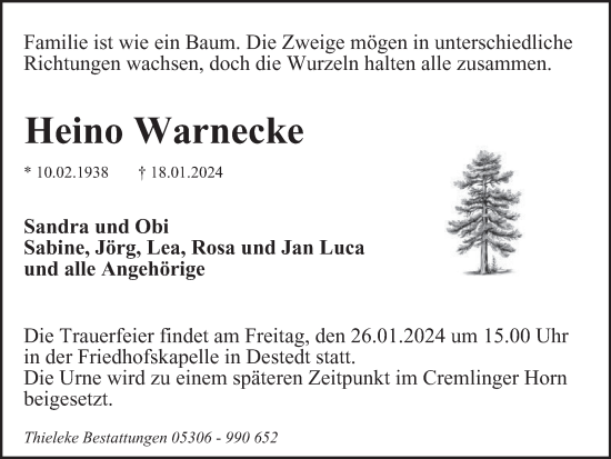 Traueranzeigen Von Heino Warnecke Trauer38 De