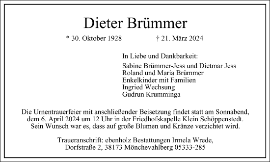 Traueranzeige von Dieter Brümmer von Braunschweiger Zeitung