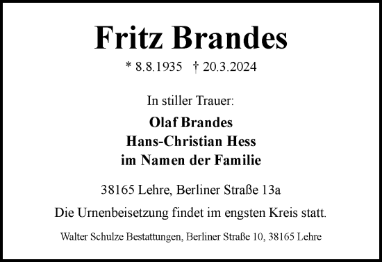 Traueranzeige von Fritz Brandes von Helmstedter Nachrichten