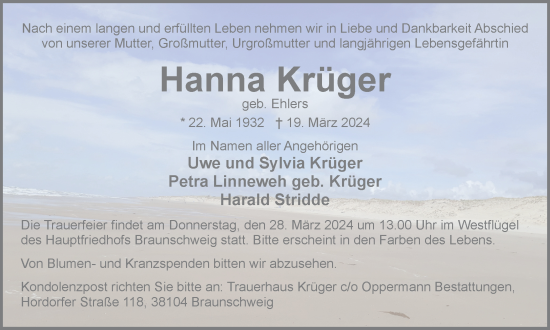 Traueranzeige von Hanna Krüger von Braunschweiger Zeitung