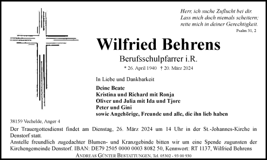 Traueranzeige von Wilfried Behrens von Braunschweiger Zeitung