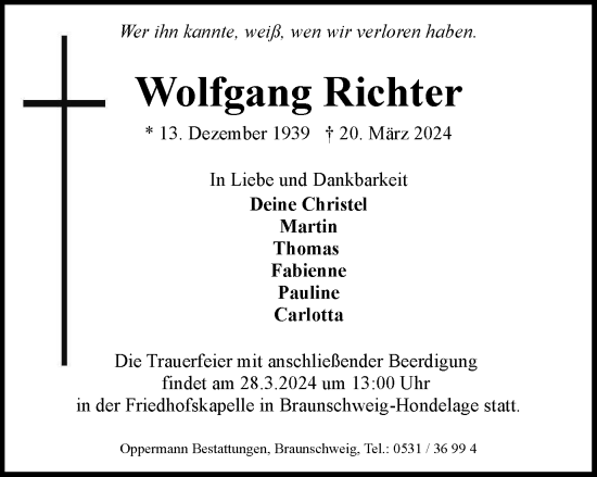 Traueranzeige von Wolfgang Richter von Braunschweiger Zeitung