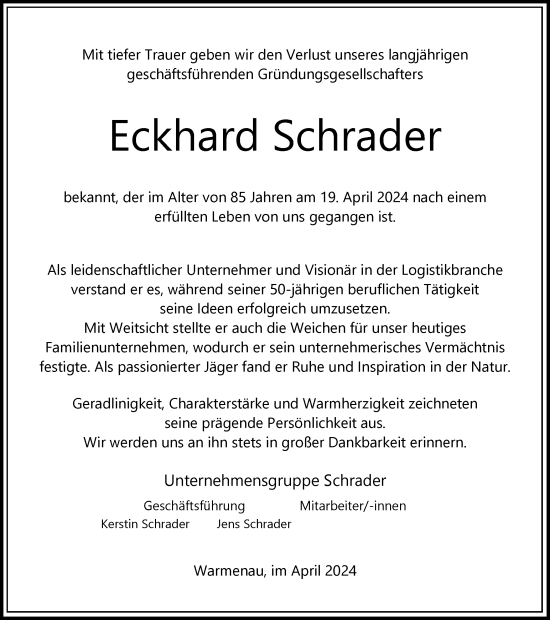 Traueranzeige von Eckhard Schrader von Wolfsburger Nachrichten