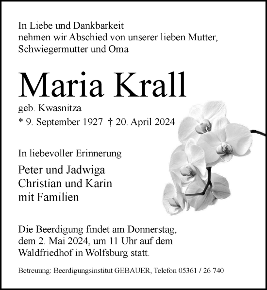 Traueranzeige von Maria Krall von Wolfsburger Nachrichten