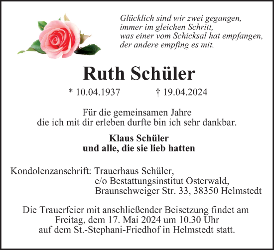 Traueranzeige von Ruth Schüler von Helmstedter Nachrichten