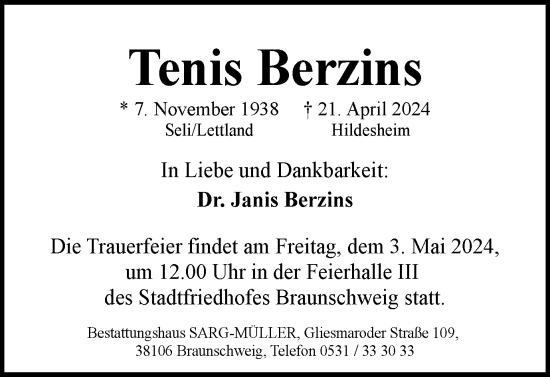 Traueranzeige von Tenis Berzins von Braunschweiger Zeitung