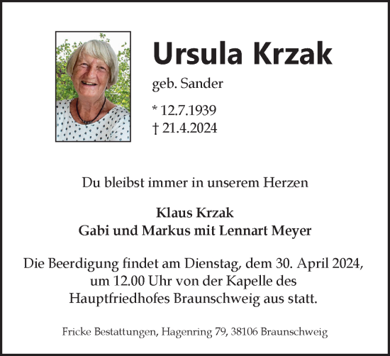 Traueranzeige von Ursula Krzak von Braunschweiger Zeitung