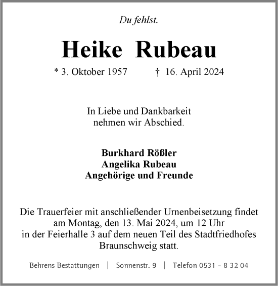 Traueranzeige von Heike Rubeau von Braunschweiger Zeitung