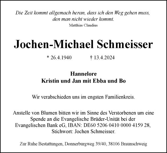 Traueranzeige von Jochen-Michael Schmeisser von Braunschweiger Zeitung