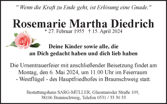 Traueranzeige von Rosemarie Martha Diedrich von Braunschweiger Zeitung