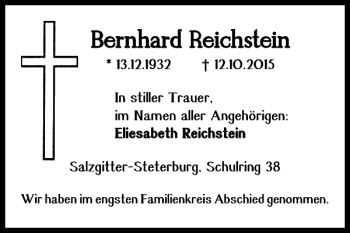 Traueranzeige von Bernhard Reichstein von Salzgitter Zeitung