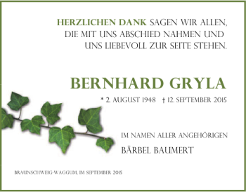 Traueranzeige von Bernhard Gryla Bernh von Braunschweiger Zeitung