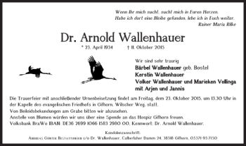 Traueranzeige von Dr. Arnold Wallenhauer von Braunschweiger Zeitung