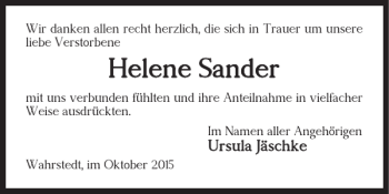 Traueranzeige von Helene Sander von Helmstedter Nachrichten