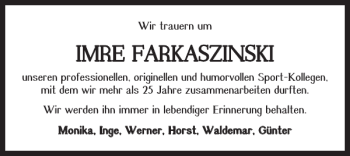 Traueranzeige von IMRE FARKASZINSKI von Wolfsburger Nachrichten