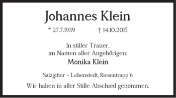 Traueranzeige von Johannes Klein von Salzgitter Zeitung