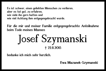 Traueranzeige von Josef Szymanski von Peiner Nachrichten