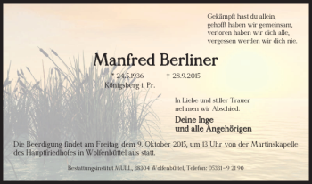 Traueranzeige von Manfred Berliner von Wolfenbütteler Zeitung