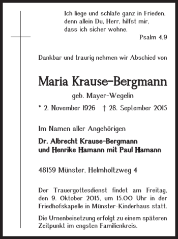 Traueranzeige von Maria Krause-Bergmann von Wolfenbütteler Zeitung