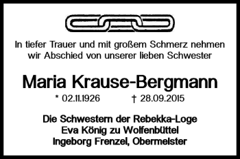 Traueranzeige von Maria Krause-Bergmann von Wolfenbütteler Zeitung