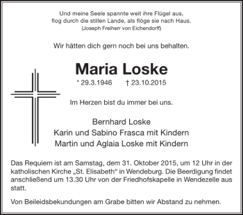 Traueranzeige von Maria Loske von Peiner Nachrichten