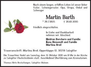 Traueranzeige von Martin Barth von Salzgitter Zeitung