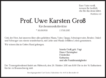 Traueranzeige von Prof. Uwe Karsten Groß von Braunschweiger Zeitung