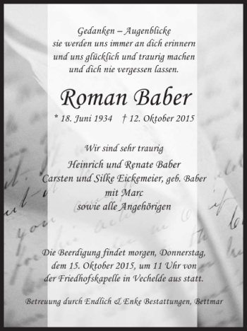 Traueranzeige von Roman Baber von Peiner Nachrichten