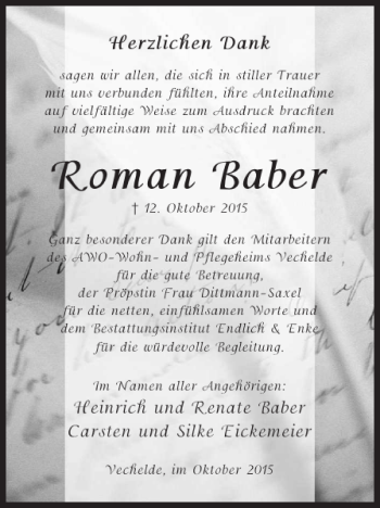 Traueranzeige von Roman Baber von Peiner Nachrichten