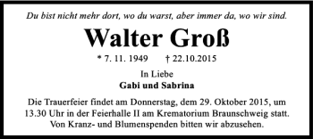 Traueranzeige von Walter Groß von Braunschweiger Zeitung