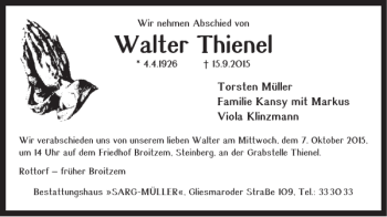 Traueranzeige von Walter Thienel von Braunschweiger Zeitung