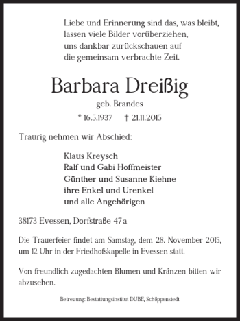 Traueranzeige von Barbara Dreißig von Braunschweiger Zeitung