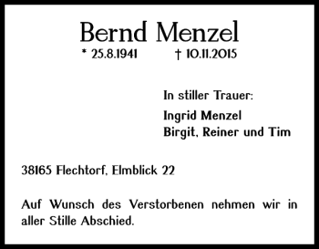 Traueranzeige von Bernd Menzel von Helmstedter Nachrichten