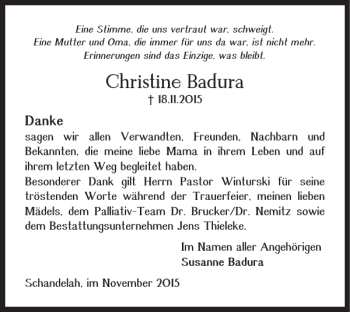 Traueranzeige von Christine Badura von Braunschweiger Zeitung